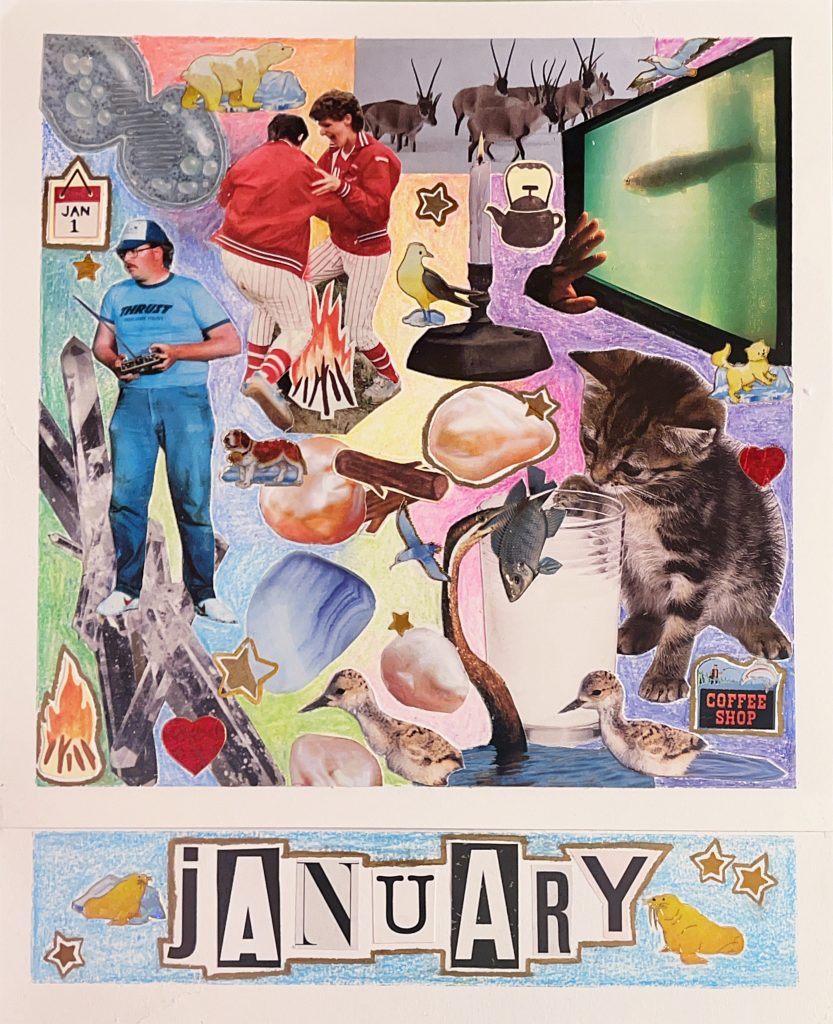 January calendar collage with a cat trying to catch a fish and a man piloting a toy vehicle that does not appear on the collage and two ladies in baseball apparel dance around a bonfire