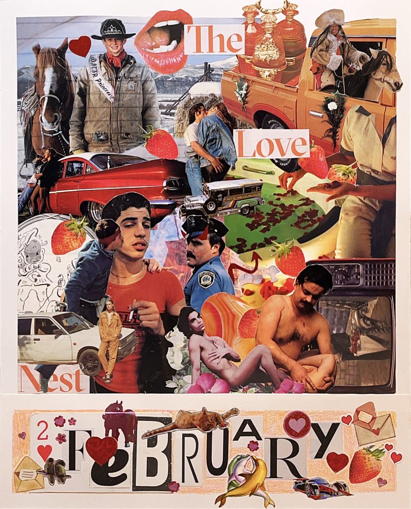 February calendar collage with various queer kissing depictions and also a horse and a policeman